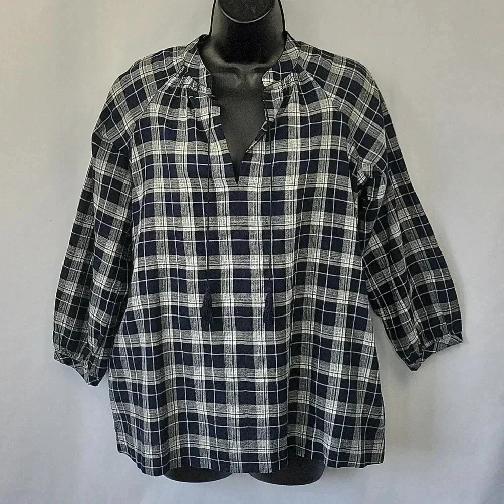 Madewell Camelia Plaid Peasant Top Navy/Cream Size XXS